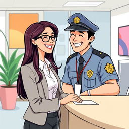 An illustrative scene of a woman with long hair and glasses, working in a vibrant office while laughing with a man dressed as a security guard