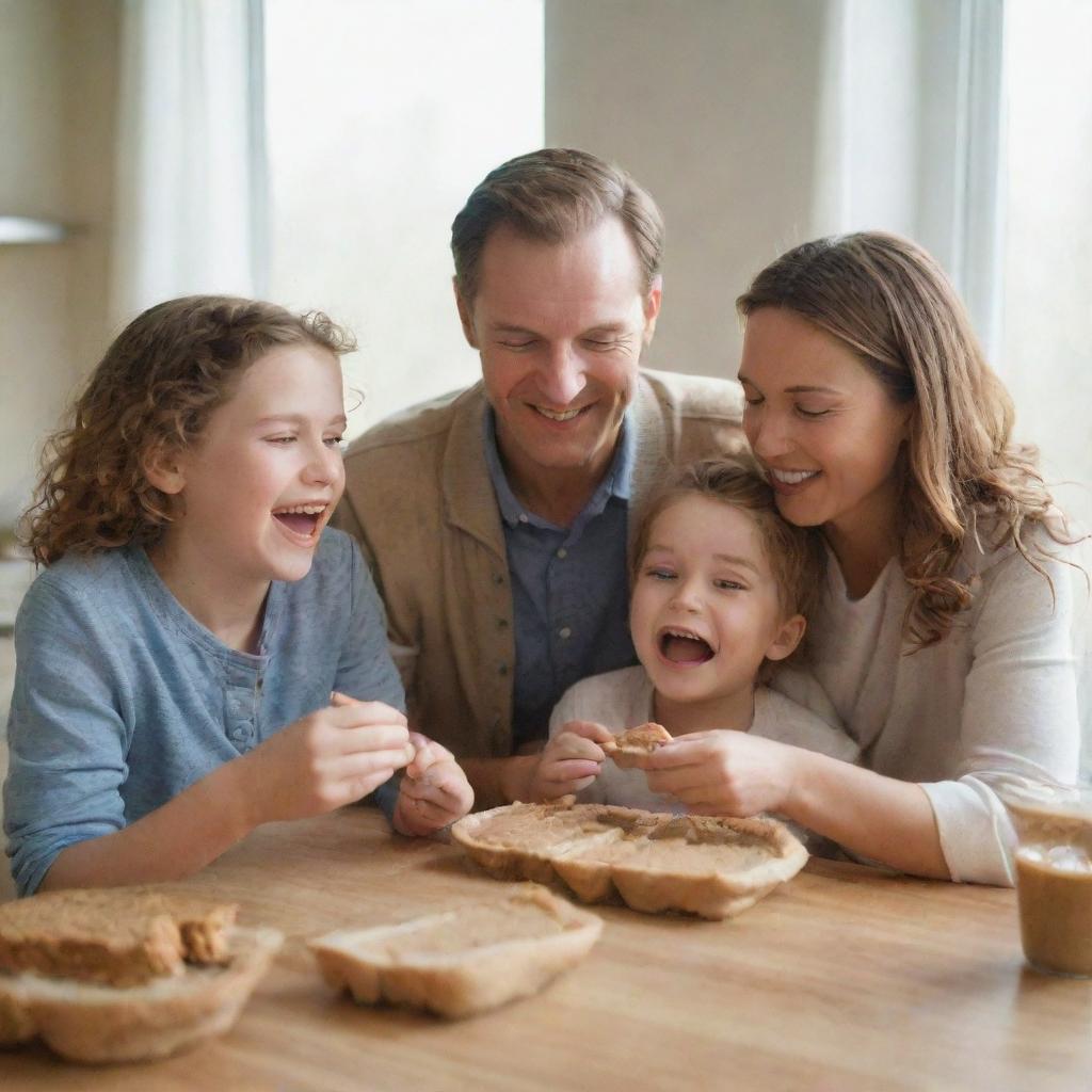 A heartwarming scene of a Caucasian family eating peanut butter sandwiches in a bright room filled with warm natural light streaming in from the windows.