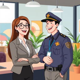 An illustrative scene of a woman with long hair and glasses, working in a vibrant office while laughing with a man dressed as a security guard