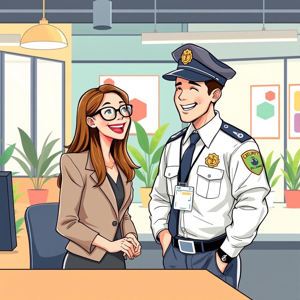 An illustrative scene of a woman with long hair and glasses, working in a vibrant office while laughing with a man dressed as a security guard