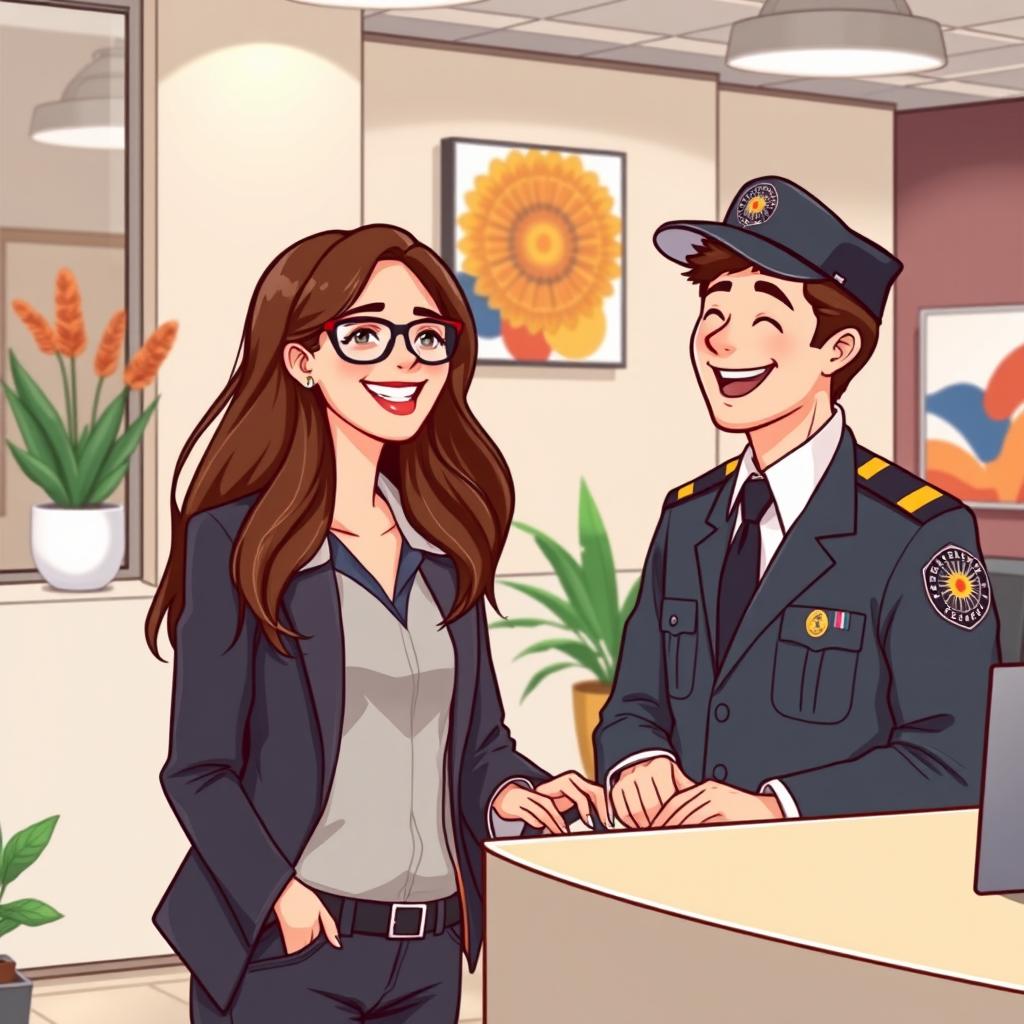 An illustrative scene of a woman with long hair and glasses, working in a modern office while laughing with a man dressed as a security guard who has brown hair