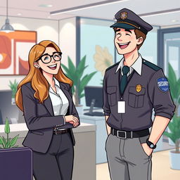 An illustrative scene of a woman with long hair and glasses, working in a modern office while laughing with a man dressed as a security guard who has brown hair