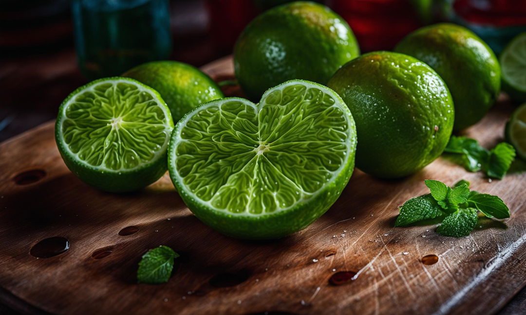 A heart-shaped lime slice on a rustic cutting board, captured in high resolution with a Nikon camera using a 16mm lens at aperture F22.