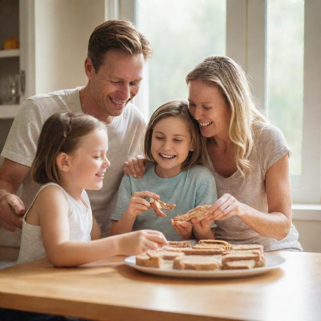 A white family happily consuming peanut butter sandwiches in a warm room bathed in soft, natural light filtering in through the window.