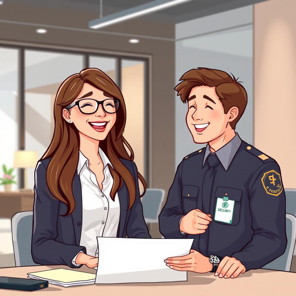 An illustrative scene of a woman with long hair and glasses, working in a modern office while laughing with a man dressed as a security guard who has brown hair