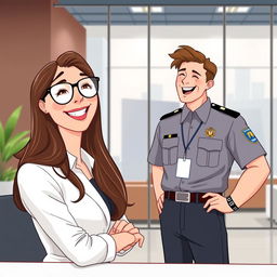 An illustrative scene of a woman with long hair and glasses, working in a modern office while laughing with a man dressed as a security guard who has brown hair