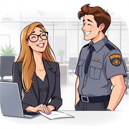 An illustrative scene of a woman with long hair and glasses, working in a modern office while laughing with a man dressed as a security guard who has brown hair