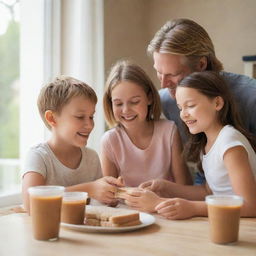 A white family happily consuming peanut butter sandwiches in a warm room bathed in soft, natural light filtering in through the window.