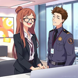 An illustrative anime scene featuring a woman with long hair and glasses, depicted in a stylish anime art style