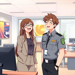 An illustrative anime scene featuring a woman with long hair and glasses, depicted in a stylish anime art style