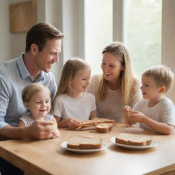 A white family happily consuming peanut butter sandwiches in a warm room bathed in soft, natural light filtering in through the window.