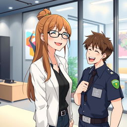 An illustrative anime scene featuring a woman with long hair and glasses, depicted in a stylish anime art style