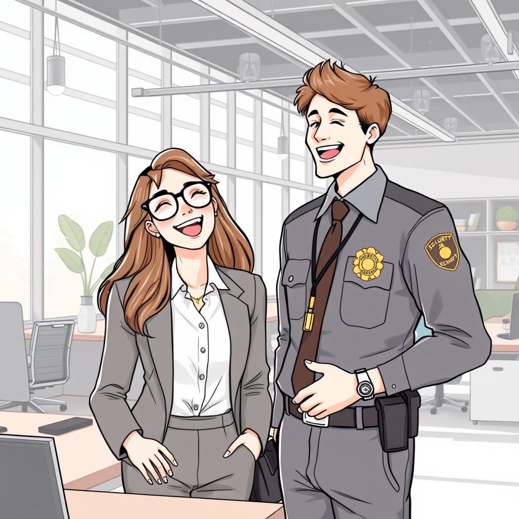 An illustrative drawing of a woman with long hair and glasses, happily working in an office environment while laughing with a man dressed as a security guard who has brown hair