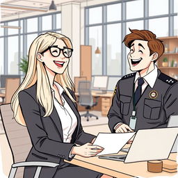 An illustrative drawing of a woman with long hair and glasses, happily working in an office environment while laughing with a man dressed as a security guard who has brown hair