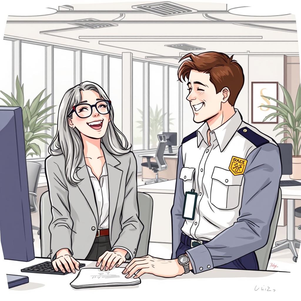 An illustrative drawing of a woman with long hair and glasses, happily working in an office environment while laughing with a man dressed as a security guard who has brown hair