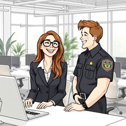 An illustrative drawing of a woman with long hair and glasses, happily working in an office environment while laughing with a man dressed as a security guard who has brown hair