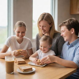 A white family happily consuming peanut butter sandwiches in a warm room bathed in soft, natural light filtering in through the window.