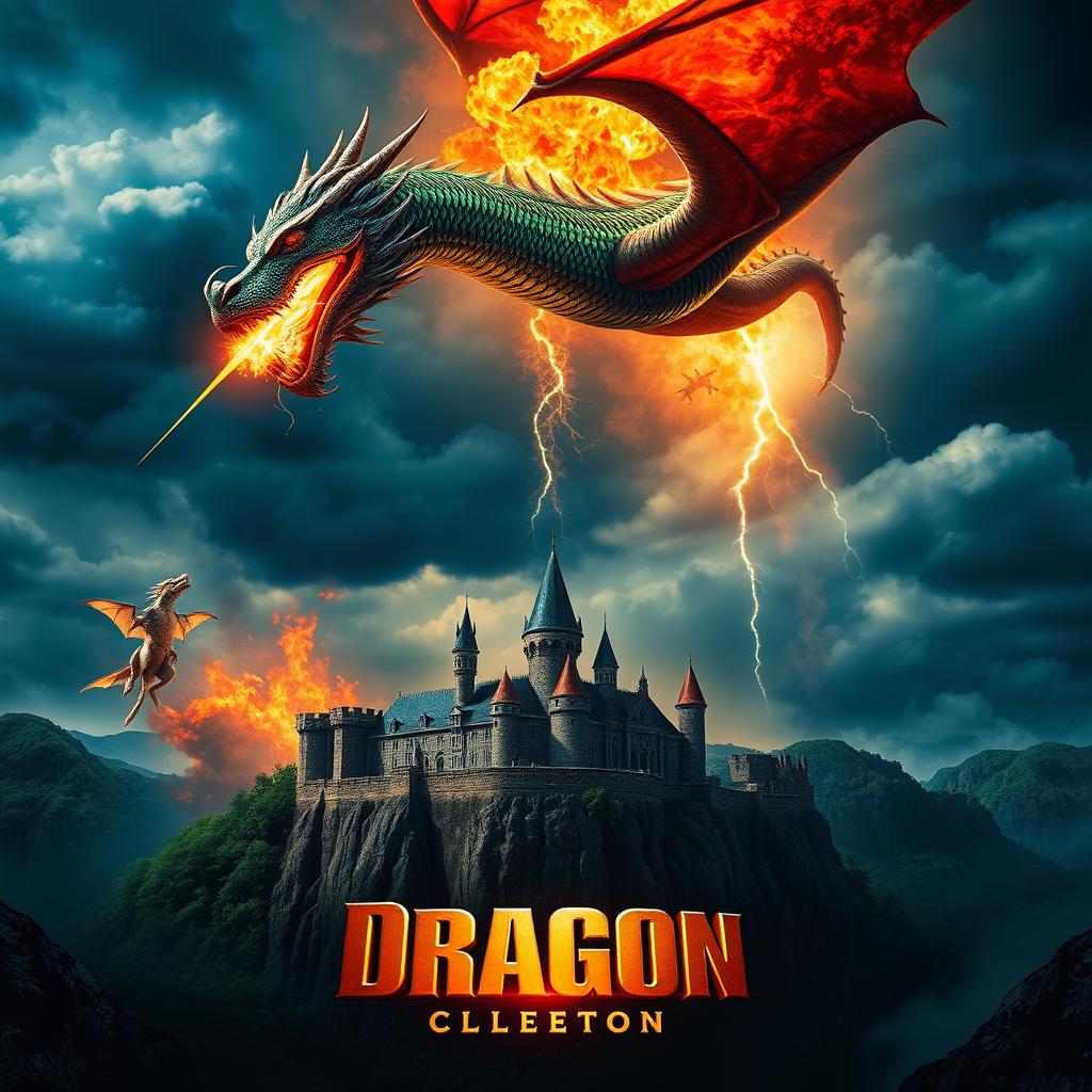 A stunning cinematic movie poster featuring a majestic fire-breathing dragon looming over a fantastical landscape, with intense flames erupting from its mouth