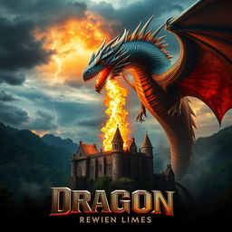 A stunning cinematic movie poster featuring a majestic fire-breathing dragon looming over a fantastical landscape, with intense flames erupting from its mouth