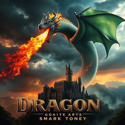 A stunning cinematic movie poster featuring a majestic fire-breathing dragon looming over a fantastical landscape, with intense flames erupting from its mouth