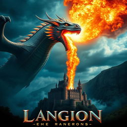 A stunning cinematic movie poster featuring a majestic fire-breathing dragon looming over a fantastical landscape, with intense flames erupting from its mouth