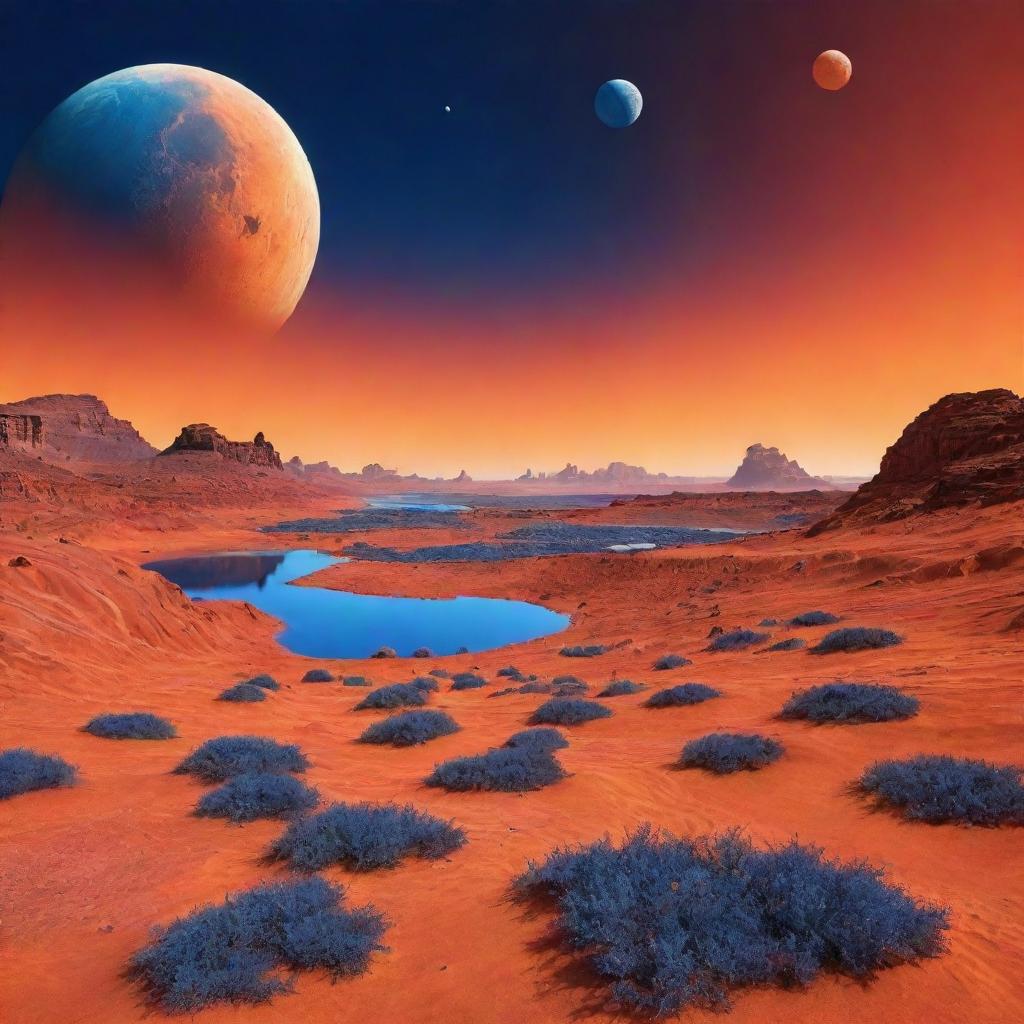 A surreal landscape showing an alien planet with blue vegetation under a vibrant orange-hued sky with two moons.