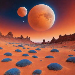 A surreal landscape showing an alien planet with blue vegetation under a vibrant orange-hued sky with two moons.