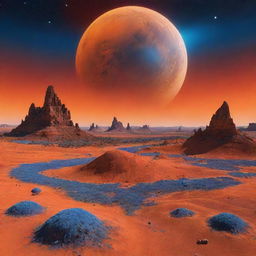 A surreal landscape showing an alien planet with blue vegetation under a vibrant orange-hued sky with two moons.