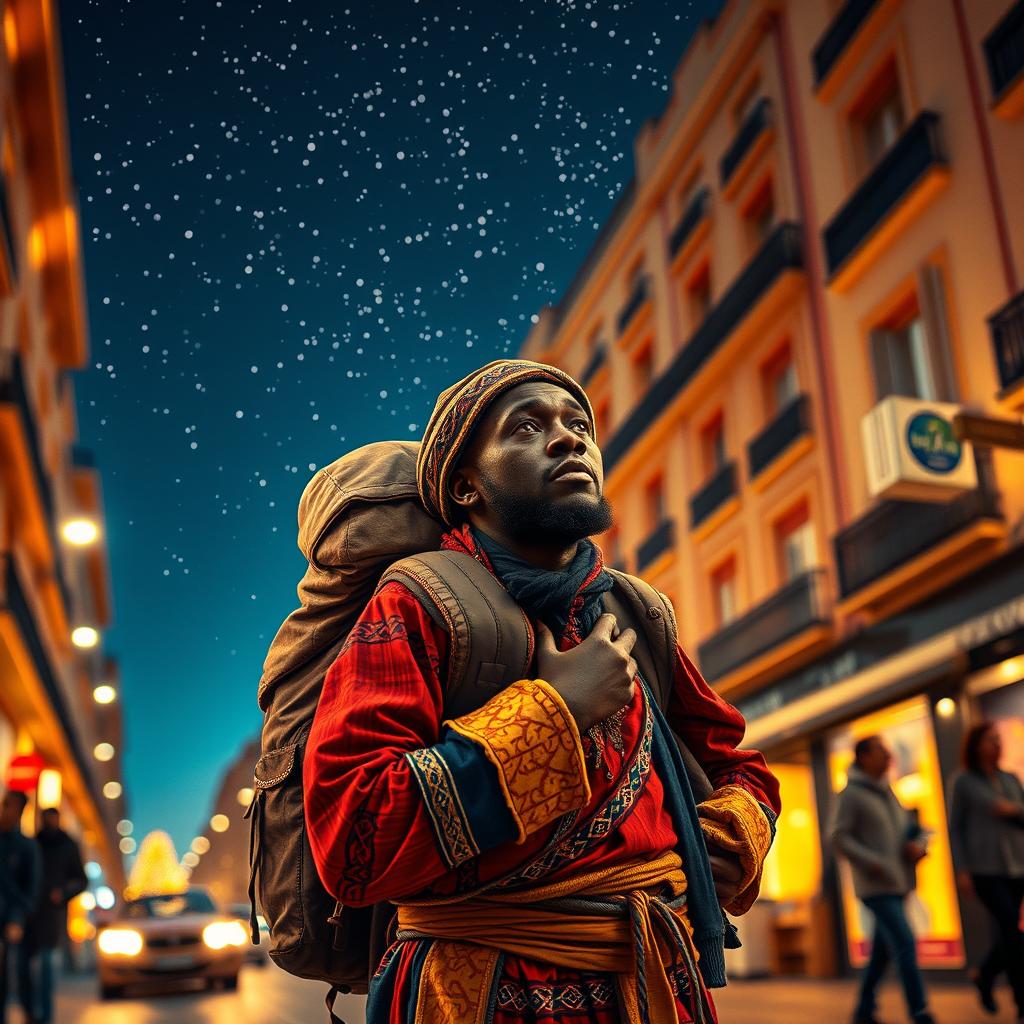 A black street vendor in Madrid carrying a large backpack, lost in thought about the Three Wise Men from the East