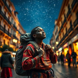 A black street vendor in Madrid carrying a large backpack, lost in thought about the Three Wise Men from the East