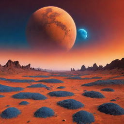 A surreal landscape showing an alien planet with blue vegetation under a vibrant orange-hued sky with two moons.