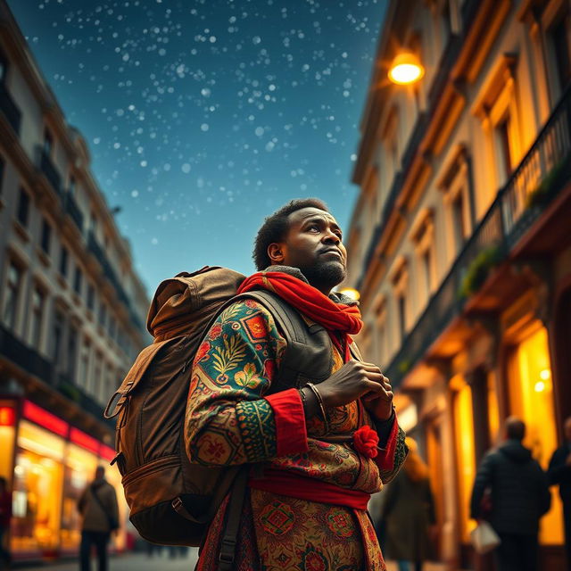 A black street vendor in Madrid carrying a large backpack, lost in thought about the Three Wise Men from the East