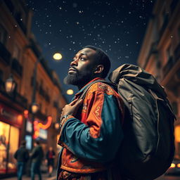 A black street vendor in Madrid carrying a large backpack, lost in thought about the Three Wise Men from the East