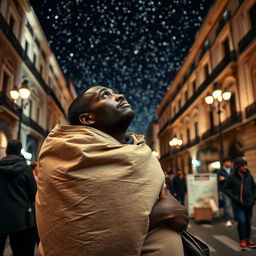 A street vendor in Madrid with dark skin, carrying a large bag on his back, gazing thoughtfully at the stars in the sky