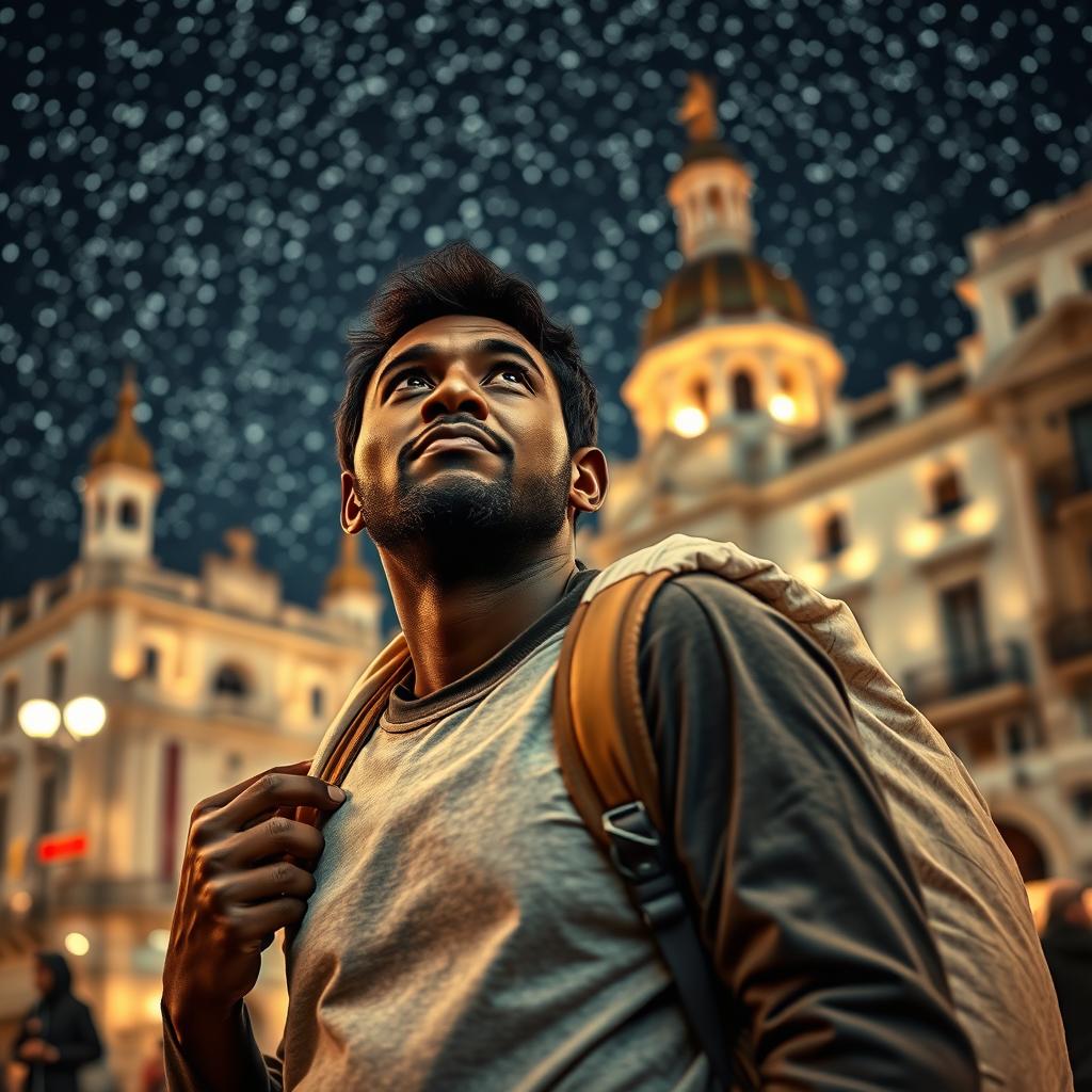 A street vendor in Madrid with dark skin, carrying a large bag on his back, gazing thoughtfully at the stars in the sky