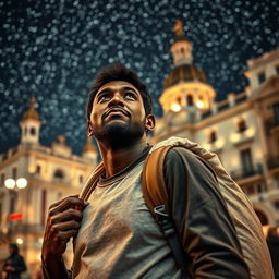 A street vendor in Madrid with dark skin, carrying a large bag on his back, gazing thoughtfully at the stars in the sky