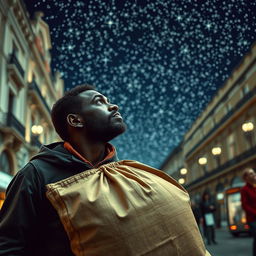 A street vendor in Madrid with dark skin, carrying a large bag on his back, gazing thoughtfully at the stars in the sky