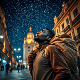 A street vendor in Madrid with dark skin, carrying a large bag on his back, gazing thoughtfully at the stars in the sky