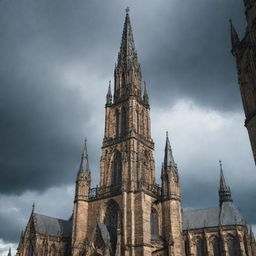 A tall gothic spire reaching into a stormy sky, intricately carved with traditional gothic architecture features like flying buttresses, pointed arches, and ribbed vaults.