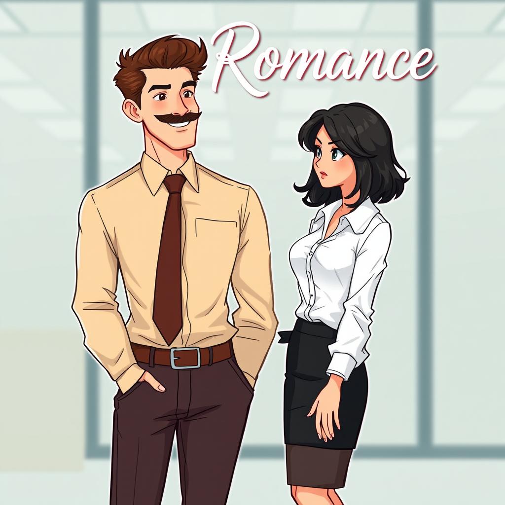 A romance book cover set in a corporate office background featuring a tall, lanky man with brown hair and a neatly groomed moustache