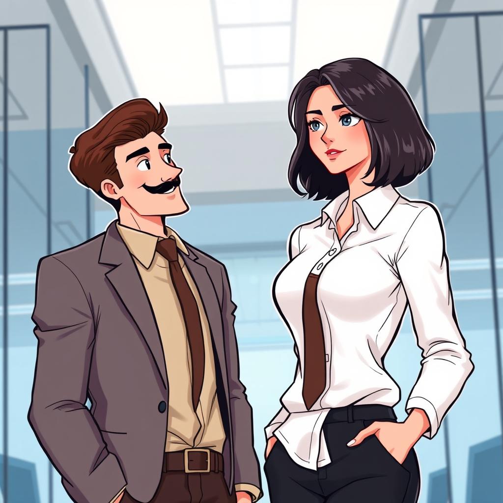 A romance book cover set in a corporate office background featuring a tall, lanky man with brown hair and a neatly groomed moustache