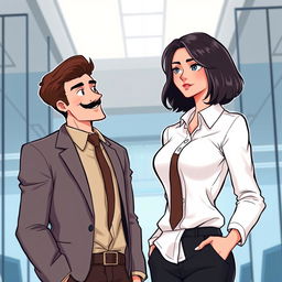 A romance book cover set in a corporate office background featuring a tall, lanky man with brown hair and a neatly groomed moustache