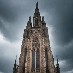 A tall gothic spire reaching into a stormy sky, intricately carved with traditional gothic architecture features like flying buttresses, pointed arches, and ribbed vaults.