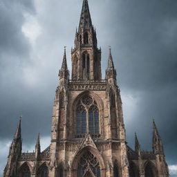 A tall gothic spire reaching into a stormy sky, intricately carved with traditional gothic architecture features like flying buttresses, pointed arches, and ribbed vaults.