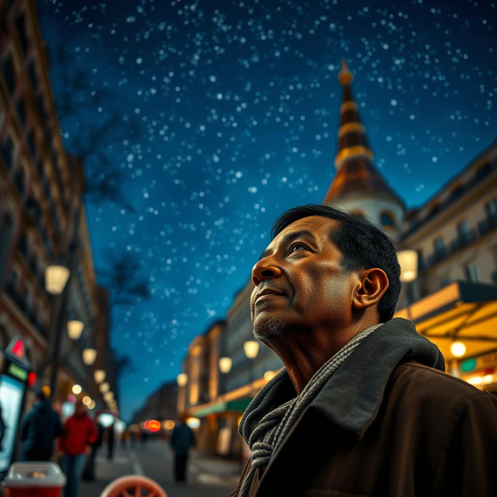 A street vendor in Madrid with dark skin, lost in thought as he reminisces about the Three Wise Men from the East