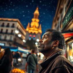 A street vendor in Madrid with dark skin, lost in thought as he reminisces about the Three Wise Men from the East