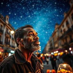 A street vendor in Madrid with dark skin, lost in thought as he reminisces about the Three Wise Men from the East