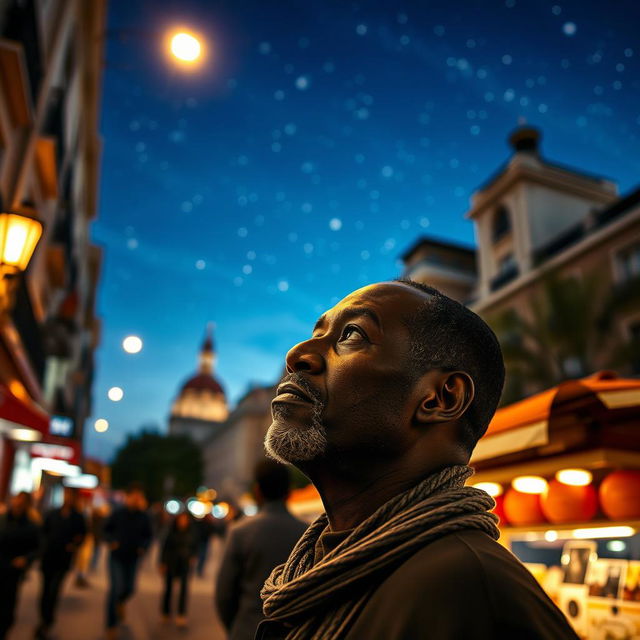 A street vendor in Madrid with dark skin, lost in thought as he reminisces about the Three Wise Men from the East