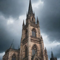 A tall gothic spire reaching into a stormy sky, intricately carved with traditional gothic architecture features like flying buttresses, pointed arches, and ribbed vaults.