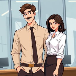 A charming romance book cover set in a modern corporate office background, featuring a tall, lanky man with brown hair and a well-groomed moustache